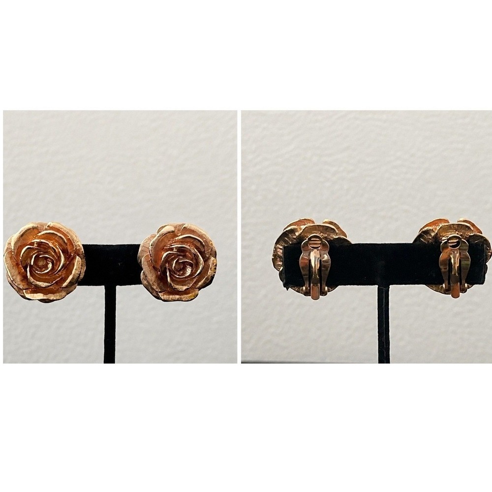 JBK Jacqueline Kennedy Gold Tone Rose Flower Clip On Earrings Signed Vintage - Picture 2 of 13